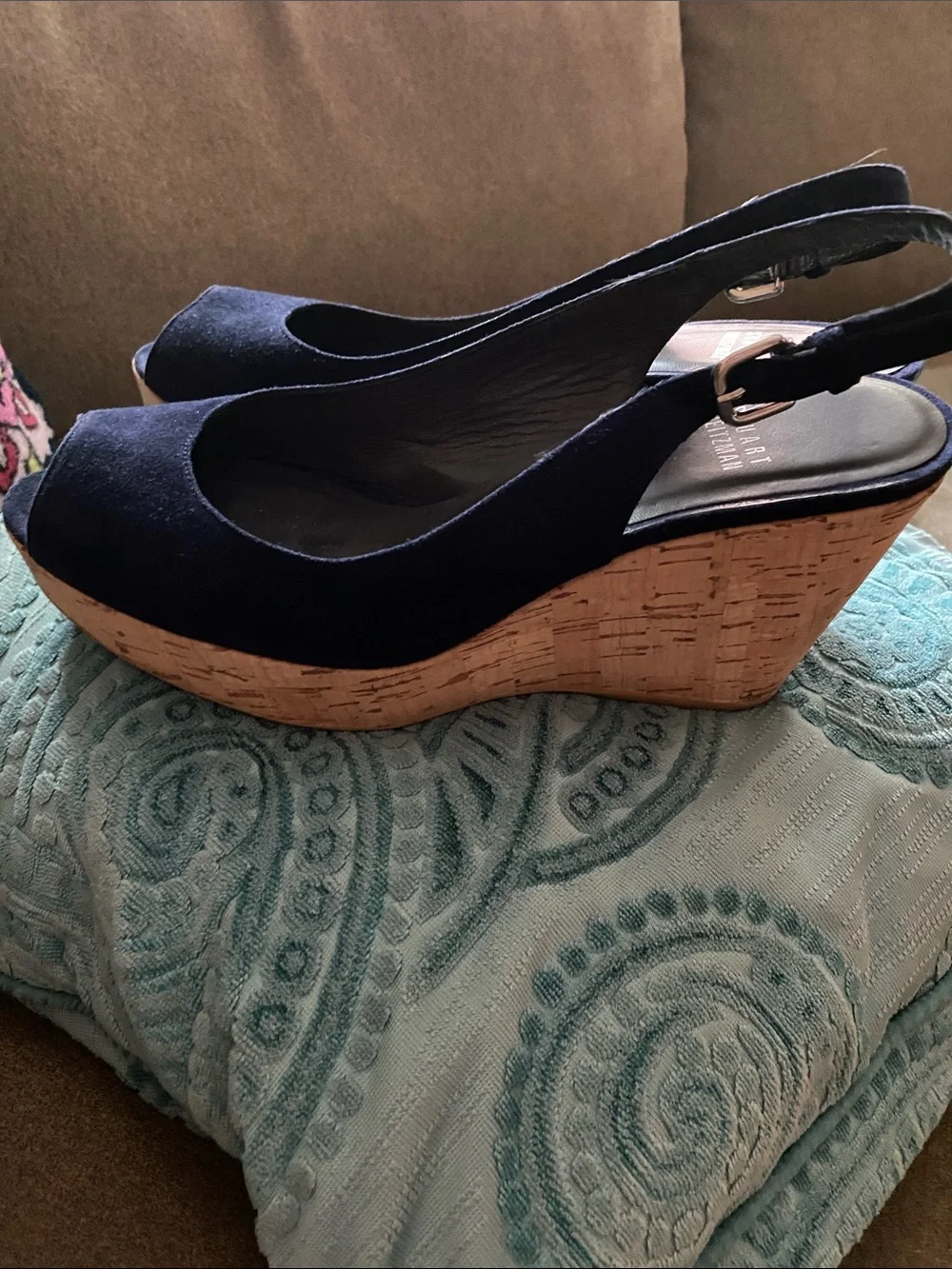 Stuart Weitzman Navy Suede Peep-Toe Slingback Wedges with Cork Platform